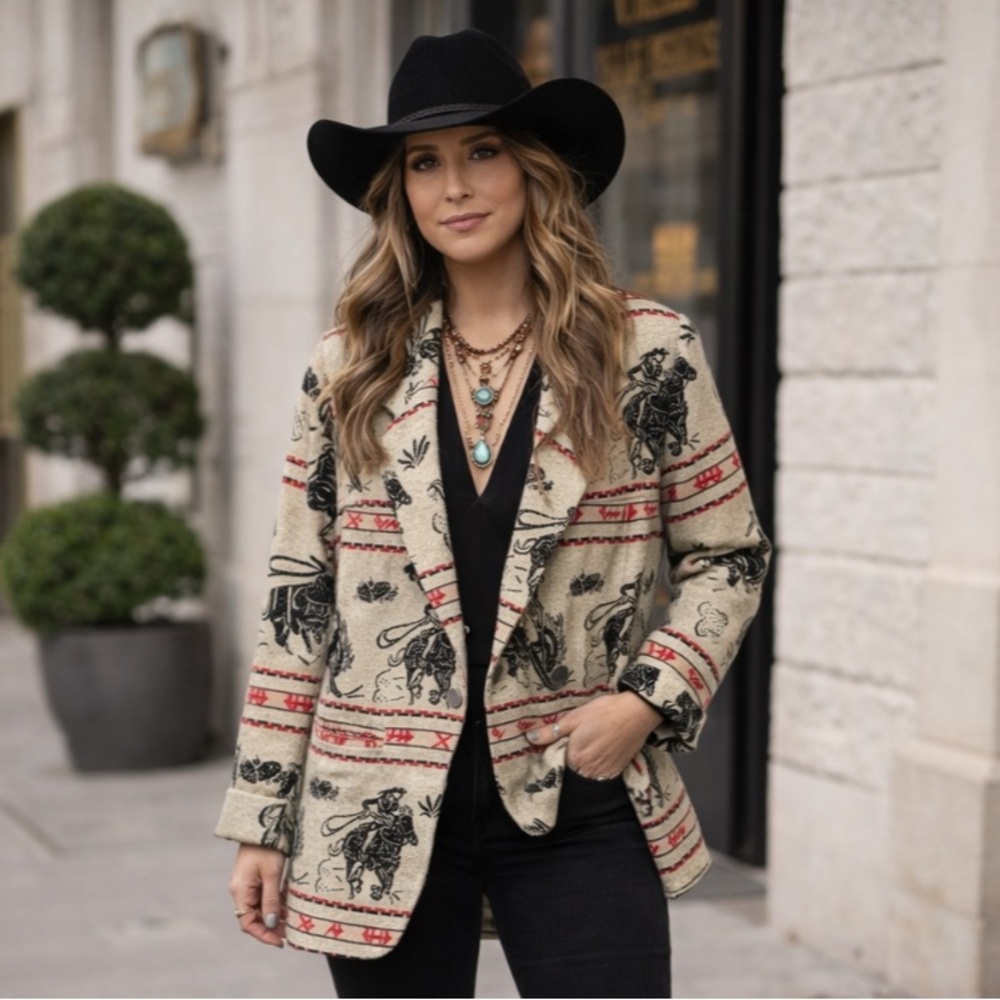 Maurizio Ramani Western Cowboy Horse Print Novelty Patterned Wool Cream Blazer